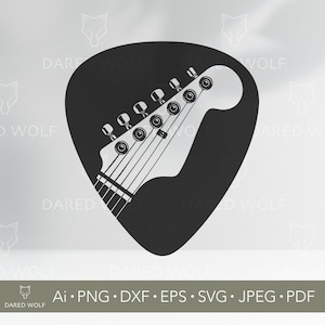 May include: Black guitar pick with a white guitar headstock design. The pick is shaped like a teardrop. The image includes the text "DARED WOLF" and file type options: Ai, PNG, DXF, EPS, SVG, JPEG, and PDF.