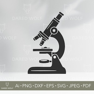 Puede incluir: Silueta negra de un microscopio, un instrumento científico utilizado para ver objetos pequeños. El diseño incluye el ocular, las lentes del objetivo, la platina y la base. También incluye el texto "Ai • PNG • DXF • EPS • SVG • JPEG • PDF".