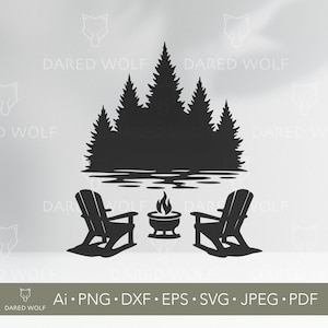 Vectorkunst kampvuur meerscène | Camping-svg voor Cricut en Silhouette | Bosstoelen Svg | Nature Retreat-ontwerp voor het snijden van vinyl