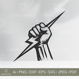 May include: Black and white graphic of a clenched fist holding a lightning bolt. The image has the text "DARED WOLF" and file type information at the bottom. The design is suitable for various digital projects.
