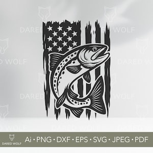 Trout Fish USA Flag Vector Art | American Fishing SVG for Cricut and Silhouette | Patriotic Angler Digital File for Shirts, Decals and Gifts