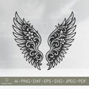 Angel Flügel Vektorgrafik | Ornament SVG für Cricut und Silhouette | Florale digitale Datei | Flügel-Design für Tattoo oder Vinyl schneiden