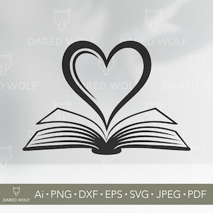 Open boek hart SVG | Romantische lezing-clipart voor Cricut en Silhouette | Liefdesverhaal Svg-bestand | Digital Design Book Lover voor lasersnijden