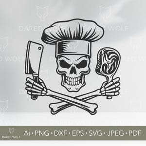 Chef de Caveira Açougueiro SVG | Ossos Cruzados com Faca e Design de Bife | Clipart de Culinária para Cricut e Silhouette | Arquivo Digital de Humor na Cozinha