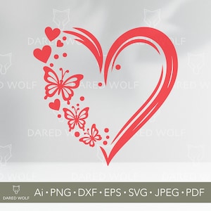 蝶のハートシルエットベクターアート | CricutとSilhouette用Love SVG | ロマンチックなカットファイル | ウェディングビニールプロジェクト用バレンタインデザイン