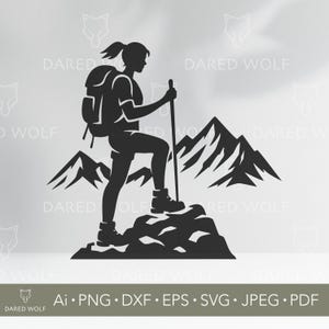 Può includere: Silhouette nera di un'escursionista con zaino e bastoncino da trekking, in piedi su uno sperone roccioso, con cime montuose sullo sfondo. L'immagine include il testo "DARED WOLF" e le opzioni del tipo di file.