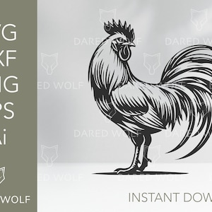 May include: Black and white silhouette of a rooster with a large, detailed comb and wattle. The rooster is standing with its tail feathers fanned out behind it.