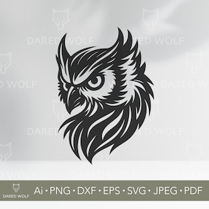 Hibou tribal Silhouette SVG | Vecteur de tête de hibou féroce pour Cricut et Silhouette | Clipart de style tatouage audacieux pour les chemises et les décalcomanies