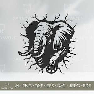 Peut inclure: Graphique en noir et blanc d'un éléphant perçant un mur. La tête et les pattes avant de l'éléphant sont visibles, avec des défenses et des rides détaillées. Le texte "Ai • PNG • DXF • EPS • SVG • JPEG • PDF" est inclus.