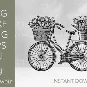 花柄自転車 SVG デザイン | Cricut および Silhouette 用チューリップ付き春自転車ベクター アート | ビンテージ デジタル ファイル | 花かご自転車