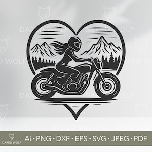 Illustrazione vettoriale di una donna in moto / Ragazza motociclista in formato SVG per Cricut e Silhouette / File digitale di avventura / Design per viaggio su strada per taglio vinile