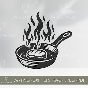 Frying Pan SVG - Flame Steak Vector - Hot Skillet Clipart for BBQ Shirts & Kitchen Signs
