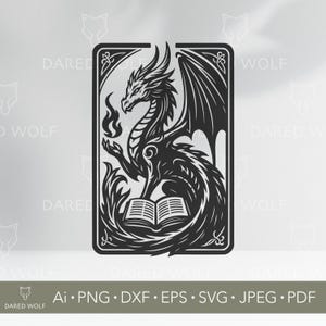 May include: A black and white dragon illustration holding a flame and sitting on an open book, within a decorative rectangular frame. The image includes the text "DARED WOLF".