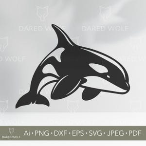 May include: A black and white graphic of an orca whale, with the text "DARED WOLF" and file type options: Ai, PNG, DXF, EPS, SVG, JPEG, and PDF. The orca is depicted in a side profile, with its distinctive black and white markings.