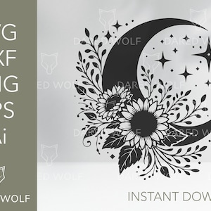 Arte vettoriale floreale della luna / Girasole e luna SVG per Cricut e Silhouette / Elegante file digitale / Design della luna per progetti in vinile e artigianali