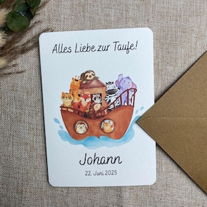 Carte pliante pour baptême | Carte de voeux | Cadeau de baptême | Carte personnalisée avec nom et date | L'Arche de Noé | bateau | A6