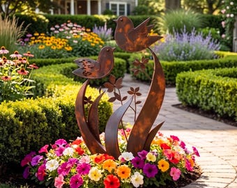 Sculpture de jardin d'oiseaux en métal rustique - oiseaux de décoration de jardin