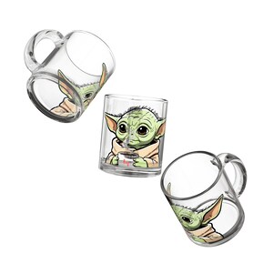 Grogu sipping tea Glass Mug, 10oz | Cartoon Creature Illustration image 1