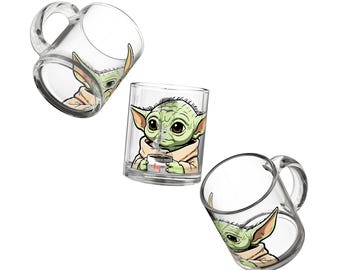 Taza de cristal de Grogu tomando té, 295 ml / Ilustración de criatura de dibujos animados