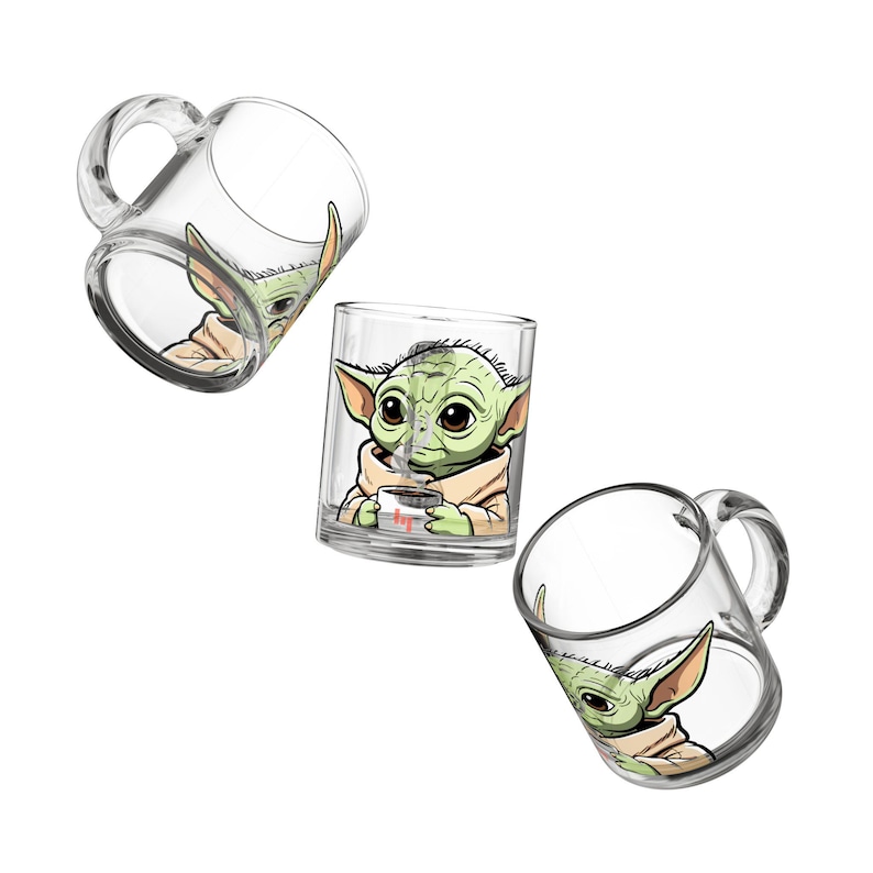 Grogu sipping tea Glass Mug, 10oz | Cartoon Creature Illustration image 1