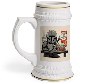 Jarra de cerveza de cerámica con ilustración de Mandalorian y Grogu / Jarra de cerveza inspirada en Star Wars