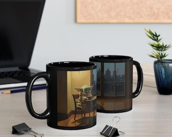 Taza Grogu in Cafe / Taza de café de cerámica negra