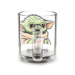Grogu sipping tea Glass Mug, 10oz | Cartoon Creature Illustration image 2