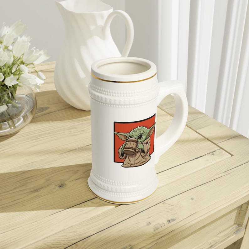 Grogu holding mug Stein Mug | Cute Grogu illustration image 4