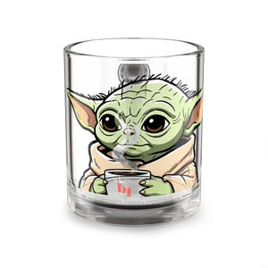 Grogu sipping tea Glass Mug, 10oz | Cartoon Creature Illustration image 3