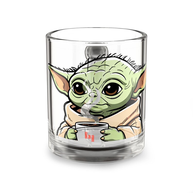 Grogu sipping tea Glass Mug, 10oz | Cartoon Creature Illustration image 3