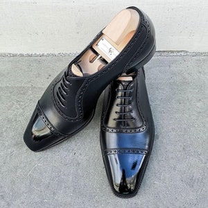 Handmade Black Color Original Leather Stylish Cap Toe Oxfords Shoes For Men&#39;s