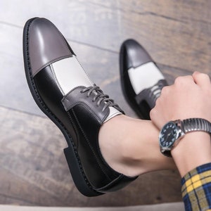 Handmade Black & Grey Color Original Leather Stylish Double Stitched Cap Toe Oxfords Shoes For Men&#39;s