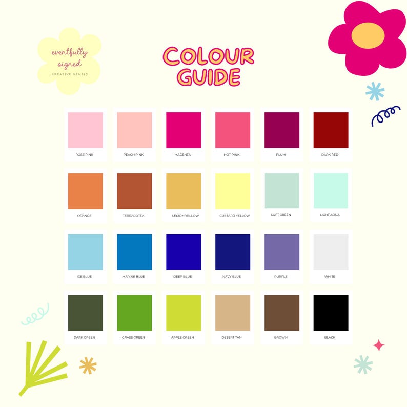 May include: A color guide chart featuring twenty-four distinct color swatches arranged in a grid. Each square is labeled with its corresponding color name, including rose pink, peach pink, magenta, hot pink, plum, dark red, orange, terracotta, lemon yellow, custard yellow, soft green, light aqua, ice blue, marine blue, deep blue, navy blue, purple, white, dark green, grass green, apple green, desert tan, brown, and black.