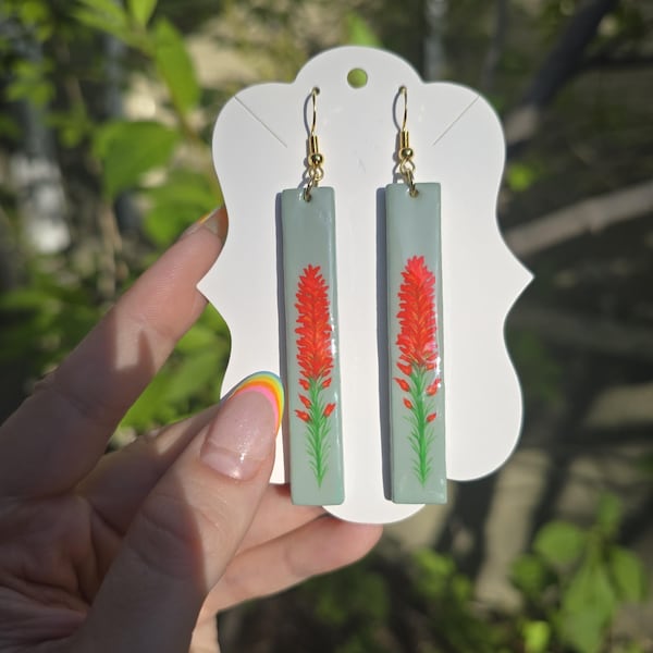Indian Paintbrush Dangle Earrings - Handpainted, Wooden, Wyoming State Flower | WildPinesJewelry