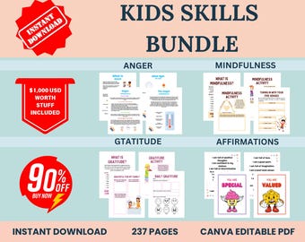 Anger Management,Kids skills in life essential bundle, Therapy , coping skills, anxiety, Gratitude, Mindfulness,Affirmation, counselling