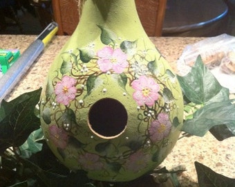 Stunning Gourd Birdhouse Handpainted Flowers and Humming Bird