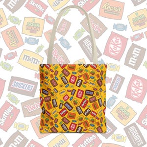 Candy Lover Tote Bag – Colorful Sweets Collage Reusable Grocery Tote, Cute Chocolate Pattern Shoulder Bag, Gift for Foodies