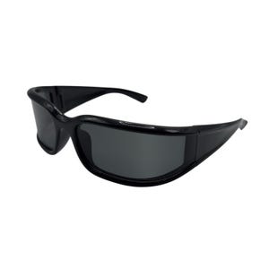 May include: A pair of black sunglasses featuring a wraparound frame design with dark, tinted lenses. The eyewear has a continuous, curved plastic construction that extends from the bridge to the temples, providing a sleek and uniform appearance.