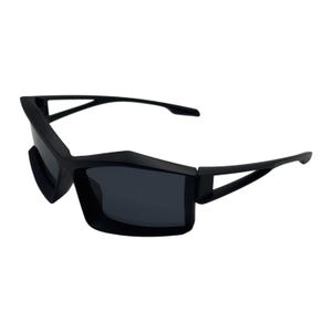 May include: Matte black sunglasses featuring a sharp, angular frame design with dark tinted lenses. The temples have a distinct open-cut geometric structure, and the bridge area displays a prominent, pointed top edge for a bold, structured look.