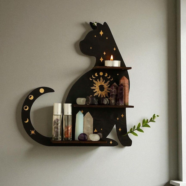 Estante de cristal de gato negro: decoración de Halloween con temática de brujas