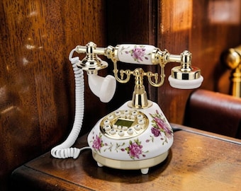 European Style Dial Telephone, Antique Corded Landline, China Ceramic Home Decor, Housewarming Gift For Her/Him
