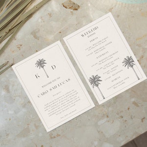 Modèle minimaliste de carte de bienvenue pour mariage et événements de week-end et sac de bienvenue à destination des palmiers