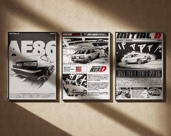 Initial D 3-Piece Set Manga Art Anime Wall Print, Minimalist Art Wall Decor, Fujiwara Tofu Shop, Limited Edition Print, Wall Decor Gifts
