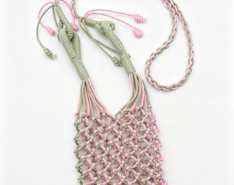 MacramePhone Sling Bag – Two-Tone Pink Sage Woven Pouch – Boho Drink Holder