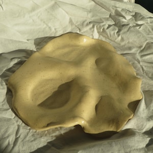 Può includere: Un piatto in ceramica color crema con una forma organica irregolare e una superficie maculata. Il pezzo presenta diverse rientranze poco profonde e un bordo ondulato e irregolare, creando un aspetto strutturato con una finitura liscia e lucida.