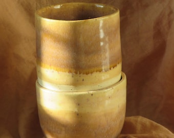 Set of 2 Handmade Ceramic Tumblers – Warm Ochre & Cream Stoneware Cups