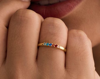Dainty Multiple Birthstone Ring, Custom Family Birthstone Ring, Minimalist Gemstone Ring, Stackable Ring, Birthday Gifts, Mothers Day Gift