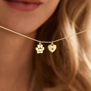 Dainty Paw Name Necklace with Heart, Custom Pet Name Necklace, Animal Necklace, Birthstone Jewellery, Pet Memorial Gift, Gift for Pet Lover