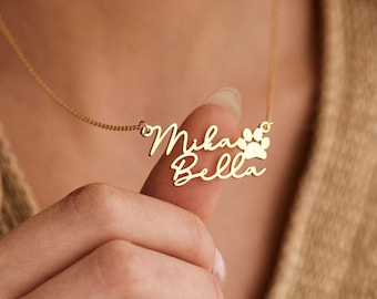 Personalised Double Name Necklace with Paw, Custom Pet Name Necklace, Pet Memorial Gift, Minimalist Necklace, Birthday Gift,Mothers Day Gift
