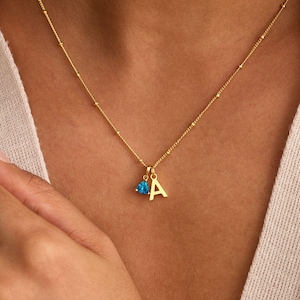 Personalised Birthstone Initial Necklace with Satellite Chain, Gold Letter Necklace, Birthstone Jewellery, Womens Necklace, Christmas Gift